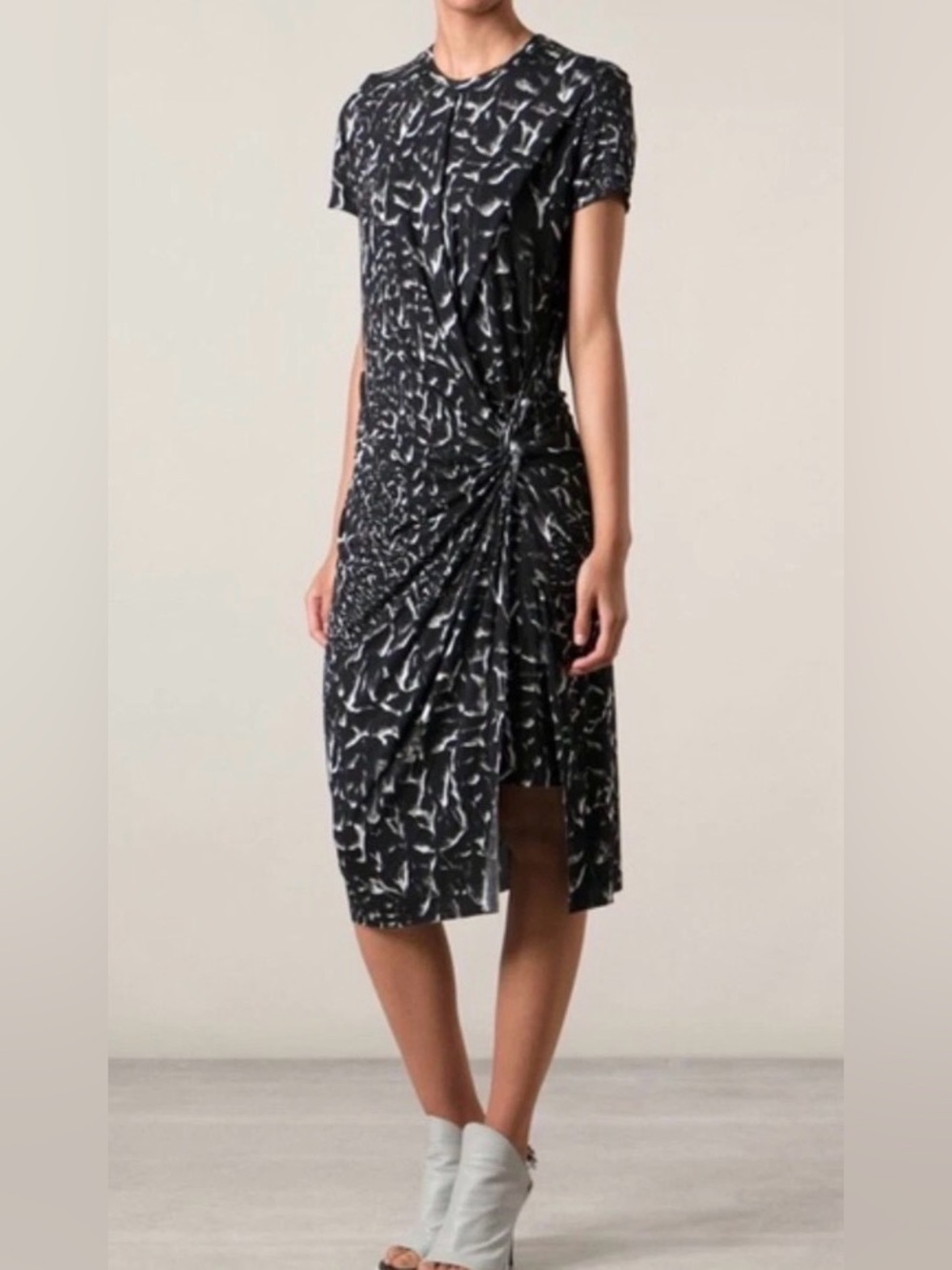 Helmut Lang Black & White Printed Twist Front Midi Dress | Small